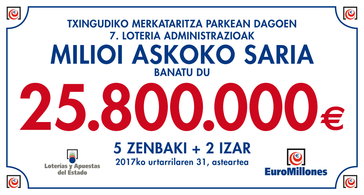 Euromilioiak: Txingudiko Loteria Administrazioan tokatu da sari potoloa